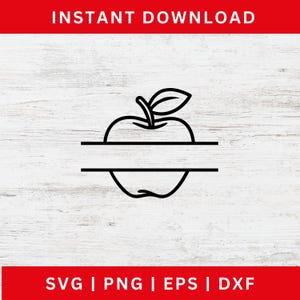 Op de afbeelding: Een zwart-wit appelontwerp met een horizontale lijn voor tekst. De afbeelding bevat de tekst "INSTANT DOWNLOAD" bovenaan en "SVG | PNG | EPS | DXF" onderaan. De appel heeft een steel en een blad.