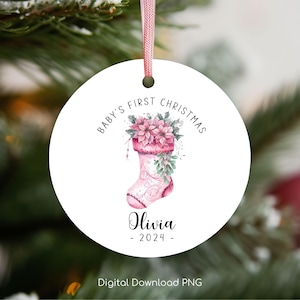 Baby&#39;s First Christmas Ornament PNG, Personalized Xmas Keepsake Sublimation, Baby Stocking Christmas Round Ornament PNG, Xmas Custom Bauble.