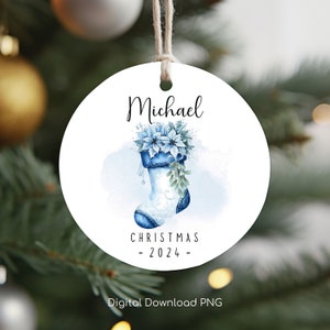 Personalized Christmas Ornament PNG, Custom Xmas Floral Sock PNG, Christmas Keepsake Sublimation, Christmas Stocking Round Ornament Design.