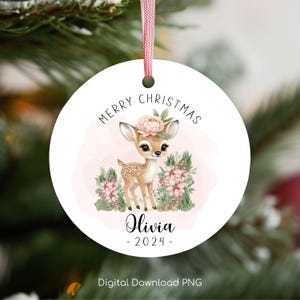 Personalized Christmas Ornament PNG, Baby Deer PNG, Christmas Keepsake Sublimation, Christmas Round Ornament Design, Xmas Custom Bauble PNG.