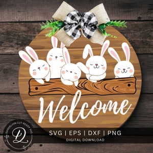 Happy Easter Cute Bunnies SVG Cut File, Happy Easter SVG, Door Hanger SVG, Easter door hanger svg, Bunny Door hanger, Laser cut file svg