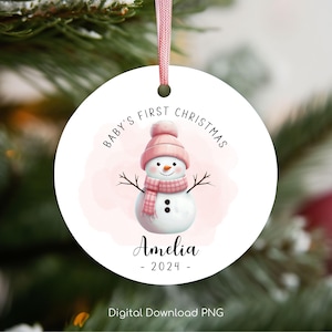 Baby&#39;s First Christmas Ornament PNG, Personalized Xmas Keepsake Sublimation, Baby Snowman Christmas Round Ornament PNG, Xmas Custom Bauble.
