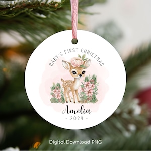Baby&#39;s First Christmas Ornament PNG, Personalized Xmas Keepsake Sublimation, Baby Deer Christmas Round Ornament PNG, Xmas Custom Bauble PNG.