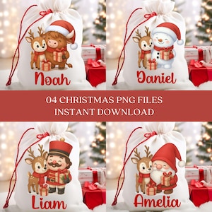 May include: Four white drawstring gift bags with Christmas-themed illustrations. Each bag features a different character: a reindeer with a bull, a reindeer with a snowman, a reindeer with a nutcracker, and a reindeer with Santa. The bags have names printed on them.