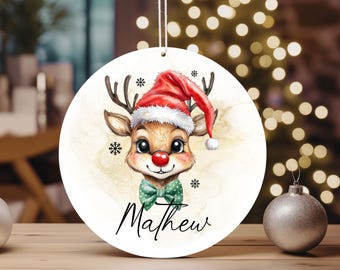 File PNG di Natale, grazioso design di ornamento di cervo, ricordo di Natale in sublimazione, ornamento rotondo stampabile, nome personalizzato per bambini in formato PNG, renna di Babbo Natale in formato PNG