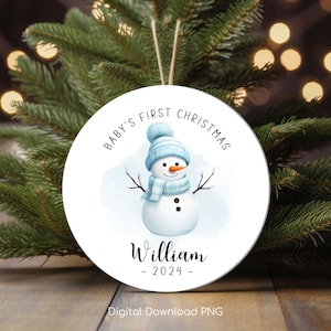 Baby&#39;s First Christmas Ornament PNG, Personalized Xmas Keepsake Sublimation, Baby Snowman Christmas Round Ornament PNG, Custom Bauble PNG.