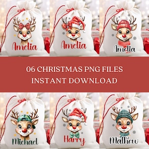May include: White drawstring gift bags with reindeer designs, personalized with names in red. Each reindeer wears a different festive accessory, such as a bow, hat, or scarf. The text "06 CHRISTMAS PNG FILES INSTANT DOWNLOAD" is also visible.