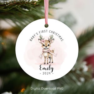 Baby&#39;s First Christmas Ornament PNG, Personalized Xmas Keepsake Sublimation, Baby Deer Christmas Round Ornament PNG, DIY Xmas Custom Bauble.