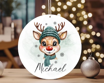 File PNG di Natale, grazioso design di ornamento di cervo, ricordo di Natale in sublimazione, ornamento rotondo stampabile, nome personalizzato per bambini in formato PNG, renna di Babbo Natale in formato PNG