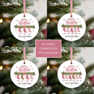 Family Socks Christmas Ornament Bundle, Round Xmas Ornament Sublimation, Custom Christmas Stocking PNG, Personalized Family Ornament Designs