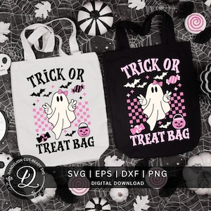 May include: Two white tote bags with black handles. The bags have a black and white checkered background with pink accents. The text "Trick or Treat Bag" is printed on each bag. A ghost with pink bows is in the center of each bag.