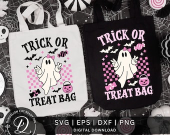 Trick or Treat Bag SVG, Kids Halloween Svg, Retro Ghost Svg, Bag of Treats PNG, Halloween Cricut Svg,  Halloween Cut File, Girly Ghost Svg