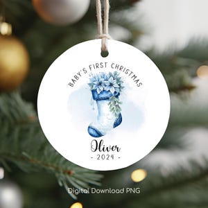 Baby&#39;s First Christmas Ornament PNG, Personalized Xmas Keepsake Sublimation, Baby Stocking Christmas Round Ornament PNG, Xmas Custom Bauble.