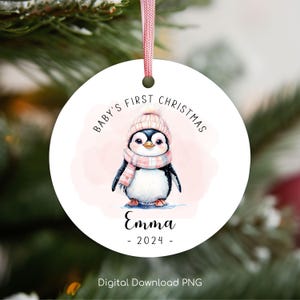 Baby&#39;s First Christmas Ornament PNG, Personalized Xmas Keepsake Sublimation, Baby Penguin Christmas Round Ornament PNG, Xmas Custom Bauble.