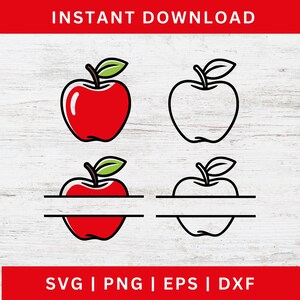 Op de afbeelding: Vier appelontwerpen worden getoond. Twee zijn effen rood of omrand, met groene bladeren en stelen. De andere twee hebben een horizontale lijn in het midden. De tekst "INSTANT DOWNLOAD" staat bovenaan en "SVG | PNG | EPS | DXF" onderaan.