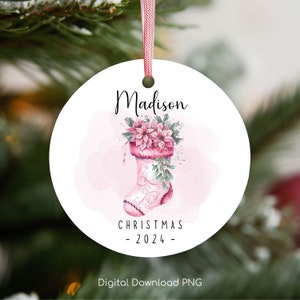 Personalized Christmas Ornament PNG, Custom Xmas Floral Sock PNG, Christmas Keepsake Sublimation, Christmas Stocking Round Ornament Design.