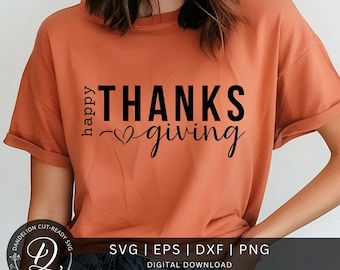 May include: A woman wearing an orange t-shirt with the text "happy THANKS giving" in black lettering. The text includes a small heart symbol. The image is a digital download for crafting projects.