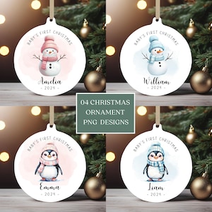 Baby First Christmas PNG Ornament Bundle, Round Xmas Ornament Sublimation, Christmas Snowman PNG, Xmas Penguin PNG, Custom Xmas Bauble Png.