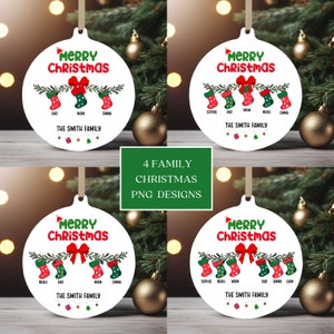 Family Socks Christmas Ornament Bundle, Round Xmas Ornament Sublimation, Custom Christmas Stocking PNG, Personalized Family Ornament Designs