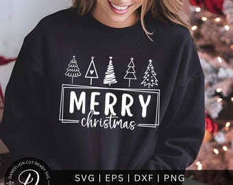 Könnte beinhalten: Ein schwarzes Sweatshirt mit einem weißen Design aus stilisierten Weihnachtsbäumen und dem Text "MERRY christmas".