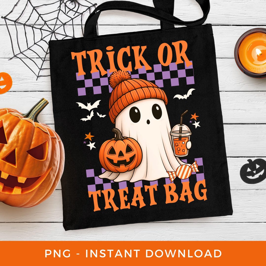 Trick or Treat Bag PNG, Kids Halloween Sublimation, Retro Ghost Clipart ...