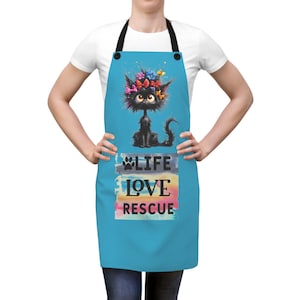 Cute Cat Apron - Life Love Rescue Kitchen Cooking Apron, Funny Cat Lover Gift, Cat Mom Gift, Pet Lover Apron, Animal Rescue Support, Cat