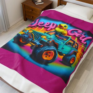 Vibrant Jeep Girl Plush Blanket - Cozy Gift for Jeep Lovers, Soft Throw, Neon Decor, Road Trip Companion, Fun Home Accessory