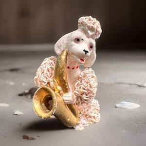 Vintage Pink Poodle Dog Figurine Kitschy Spaghetti Poodle Figurine Holding Saxophone Puppy Japan RARE 1950&#39;s Shelf Sitter Japan Mid Century