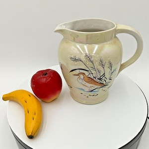 Vintage Japanese handpainted Pitcher Bird Snow Scene Lusterware Lustreware Luster Glossy 6.25&quot;