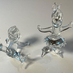 Vintage Glass Ice Skating Figurines Ice Skaters Boy Falling, Girl Ponytail  Clear 3” Unique Kitschy Ice Skater Gifts Gift for Her Handmade