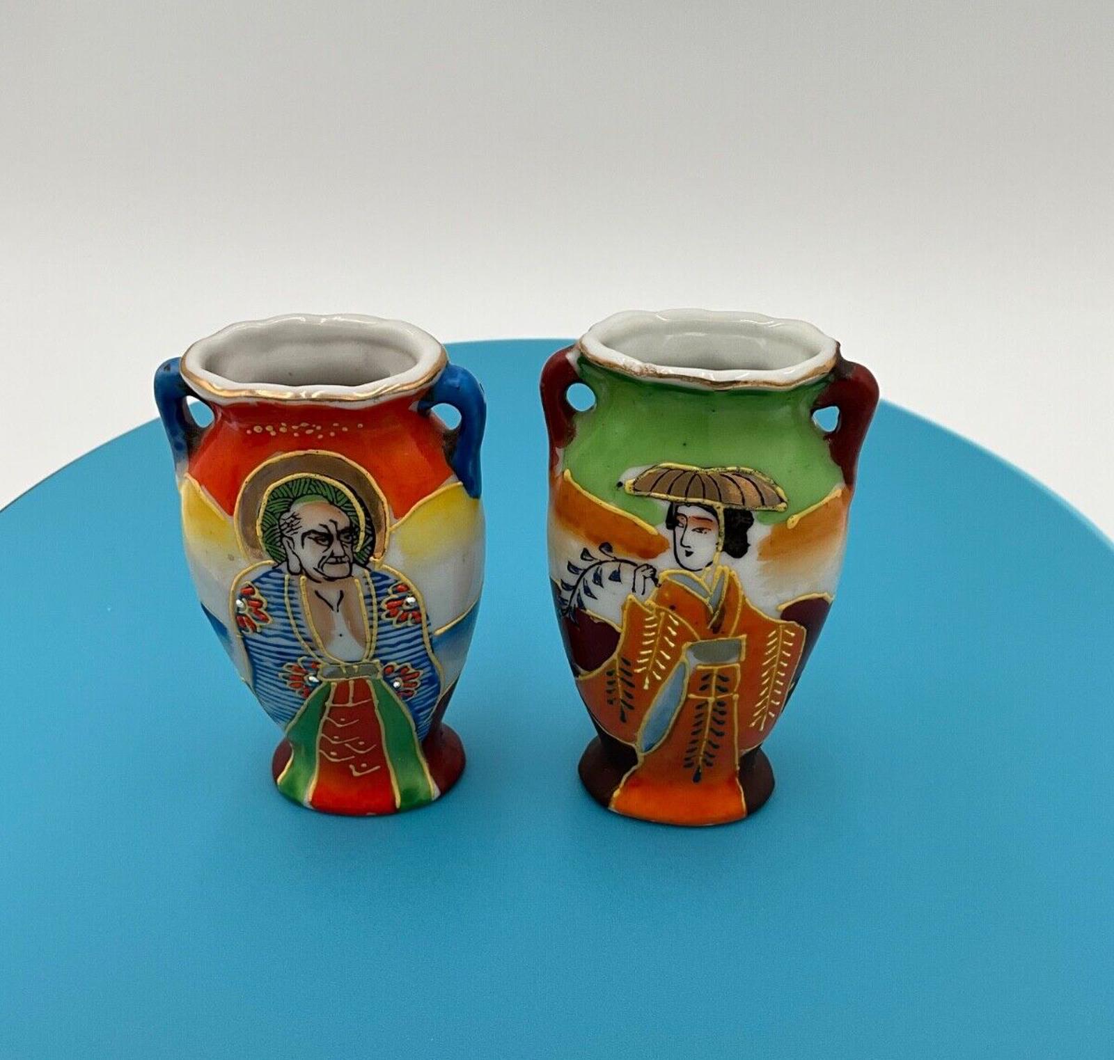 Vintage Japanese Satsuma Vases Handled Bold Colors Occupied Japan