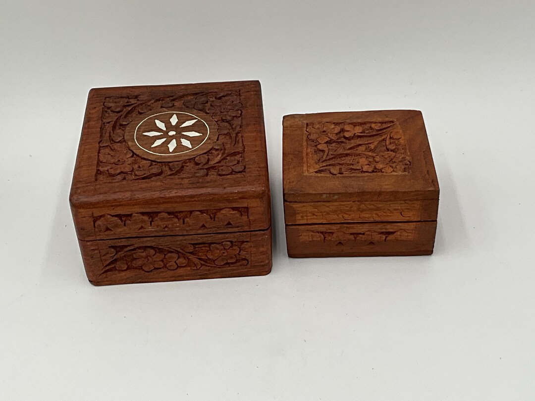 Vintage India Wooden Hinged Carved Boxes, Snuff Box, Teak Wood Trinket ...