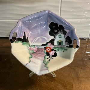 Antique Display Bowl Plate Old Noritake Hand Painted Scenic Luster Lustreware Glaze Cutout Handles MIJ  Iridescent 1920s Rare