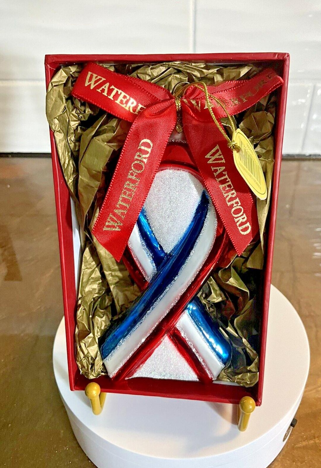 Vintage Waterford Glass Ribbon Ornament: Red White Blue Holiday ...
