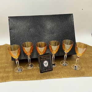 Vintage Cristalleria Fratelli Fumo Wine Glasses Handmade in Italy, Italian Cordial Stemmed Glasses, Amber and Clear Crystal Goblets Set of 6