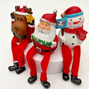 Vintage Christmas Shelf Sitters Figurines Red Dangling Legs Ceramic Santa Claus Snowman Reindeer Decor Holiday Set of 3 Fabric Festive