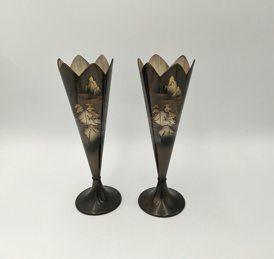 Vintage Japanese Brass Vases: Etched Mount Fuji Scene Pair - Etsy