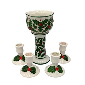 Vintage Holly Berry Ceramic Candlestick Set: MCM Christmas Decor