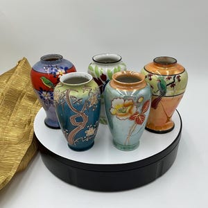 Vintage Lustreware Porcelain Bud Vases: Hand-Painted Floral Art Deco Set