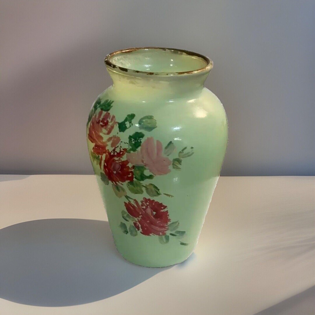 Mid Century Jadeite Glass Bud Vase Hand Painted Floral Mid Century Jadeite Glass Bud Vase Hand Painted Floral