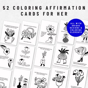 May include: A set of 52 coloring affirmation cards featuring black and white line art illustrations of flowers and abstract shapes. Each card includes text and unique designs. A blue circular badge states: ALL WITH UNIQUE DESIGNS & COLORING ELEMENTS.