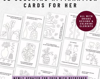 Afdrukbare kleurbevestigingskaarten | 52 bloemenmindfulnesskaarten voor zelfzorg en aarding | Digitale download