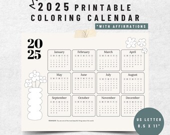 Coloring calendar 2025 | cute calendar 2025 printable with affirmations | 2025 printable calendar | printable desk coloring calendar