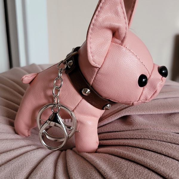 Pink Bulldog faux leather keychain bagcharm & gift pouch