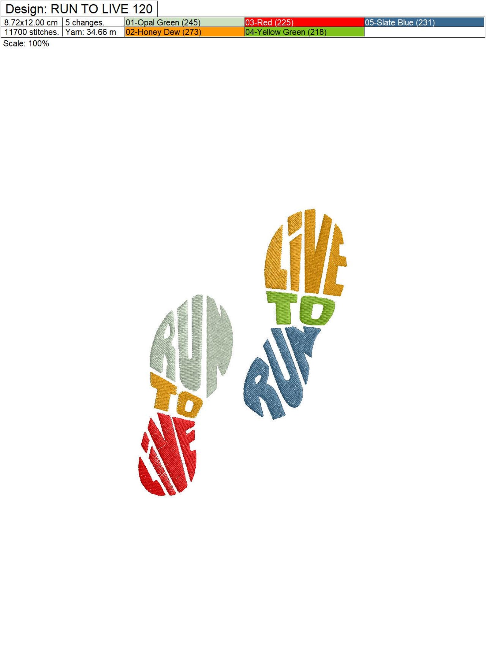 Run to Live Footprint Embroidery Design | Motivational Running Quote ...