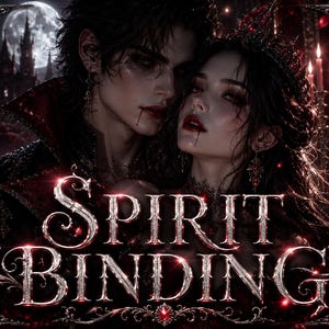 Puede incluir: Una ilustración digital que muestra a dos figuras de cabello oscuro y piel pálida, una con una capa negra de cuello alto y la otra con una corona oscura. El texto SPIRIT BINDING aparece en letras plateadas grandes, metálicas y ornamentadas.