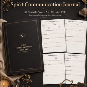 May include: A black journal with gold text reading Spirit Communication Journal, accompanied by four printed pages featuring templates for session, tarot, EVP, and dream logs, plus a metal pendulum and a candle on a dark surface.