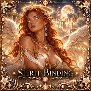 May include: A digital illustration of a winged figure with long red hair, glowing eyes, and a golden halo, wearing ornate gold jewellery and a white garment. The text SPIRIT BINDING appears at the bottom within a decorative gold frame.