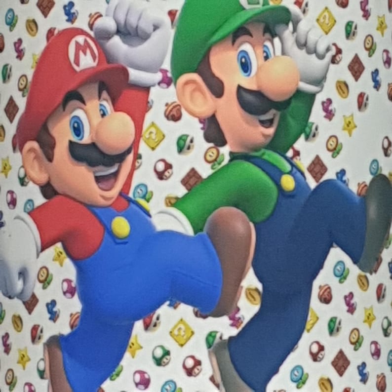 May include: A vibrant image featuring the iconic video game characters Mario and Luigi. Mario is wearing a red cap with a white "M", a red shirt, and blue overalls. Luigi is in a green cap and shirt with blue overalls. The background is a pattern of game-related icons.