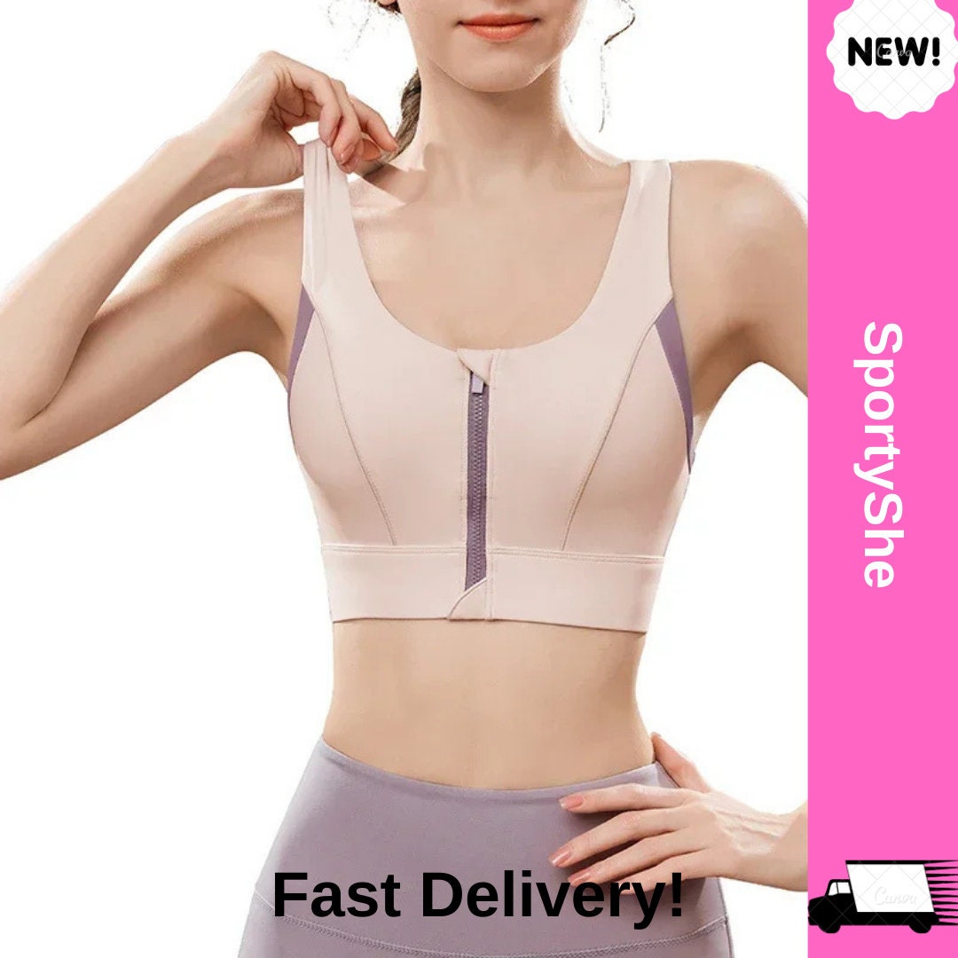 CLOUSPO Women Sports Bra Front Fastening High Impact Zip Front Post Surgery  Running Yoga Zip Front Bras Crop Top with Adjustable Straps (S - ShopStyle